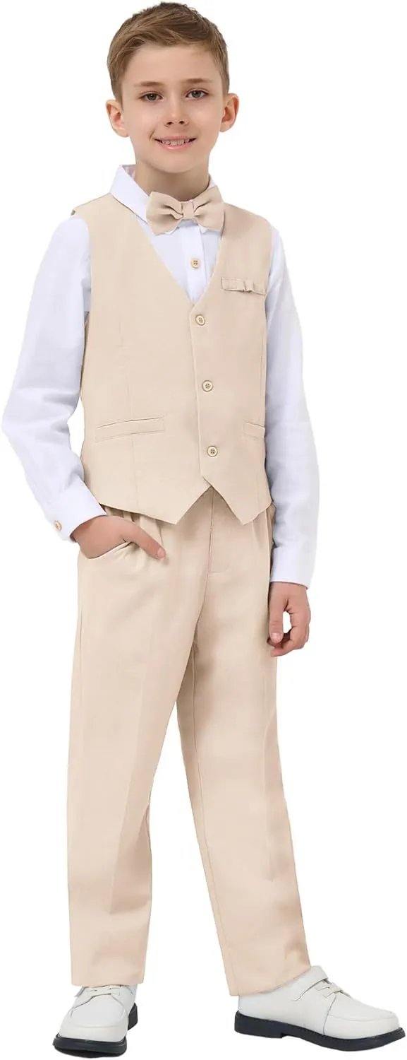 LOLANTA Boys Linen Suit Dress Clothes Kids Graduation Wedding Outfit 4 Piece Shirt Vest Pants Set with Bow Tie