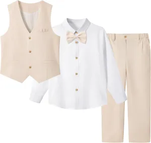 LOLANTA Boys Linen Suit Dress Clothes Kids Graduation Wedding Outfit 4 Piece Shirt Vest Pants Set with Bow Tie
