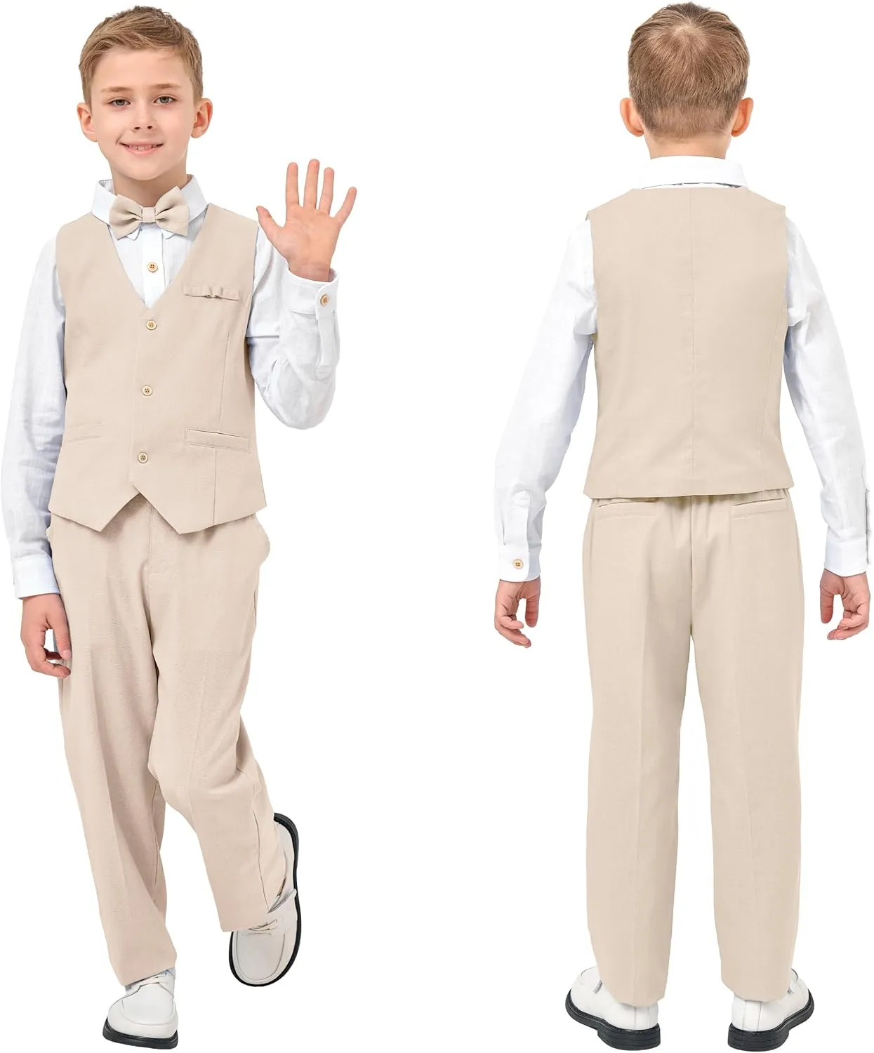 LOLANTA Boys Linen Suit Dress Clothes Kids Graduation Wedding Outfit 4 Piece Shirt Vest Pants Set with Bow Tie