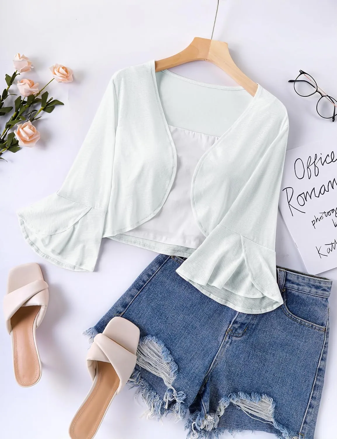 LOMON 3/4 Sleeve Cropped Cardigan for Women Lightweight Open Front Bolero Shrug for Dresses