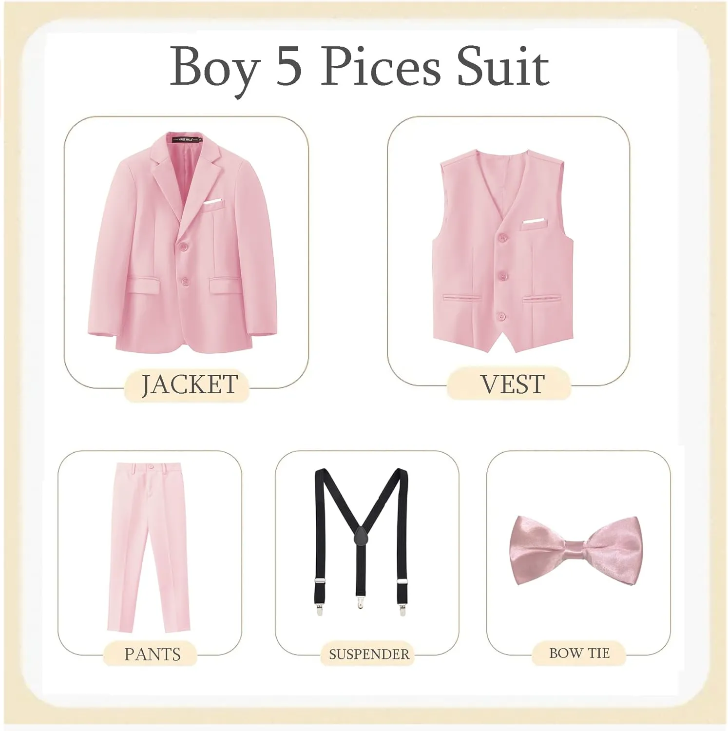 MAGE MALE Boys Multiple Colour Formal Dress Suits 5 Piece Slim Fit Dresswear Suit Set with Kids Suspenders