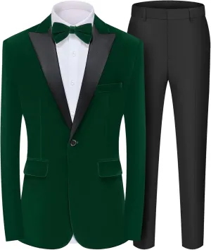 MAGE MALE Men's 2 Piece Velvet Suit Peak Lapel One Button Slim Fit Tuxedo Blazer Party Dinner Jacket & Pants
