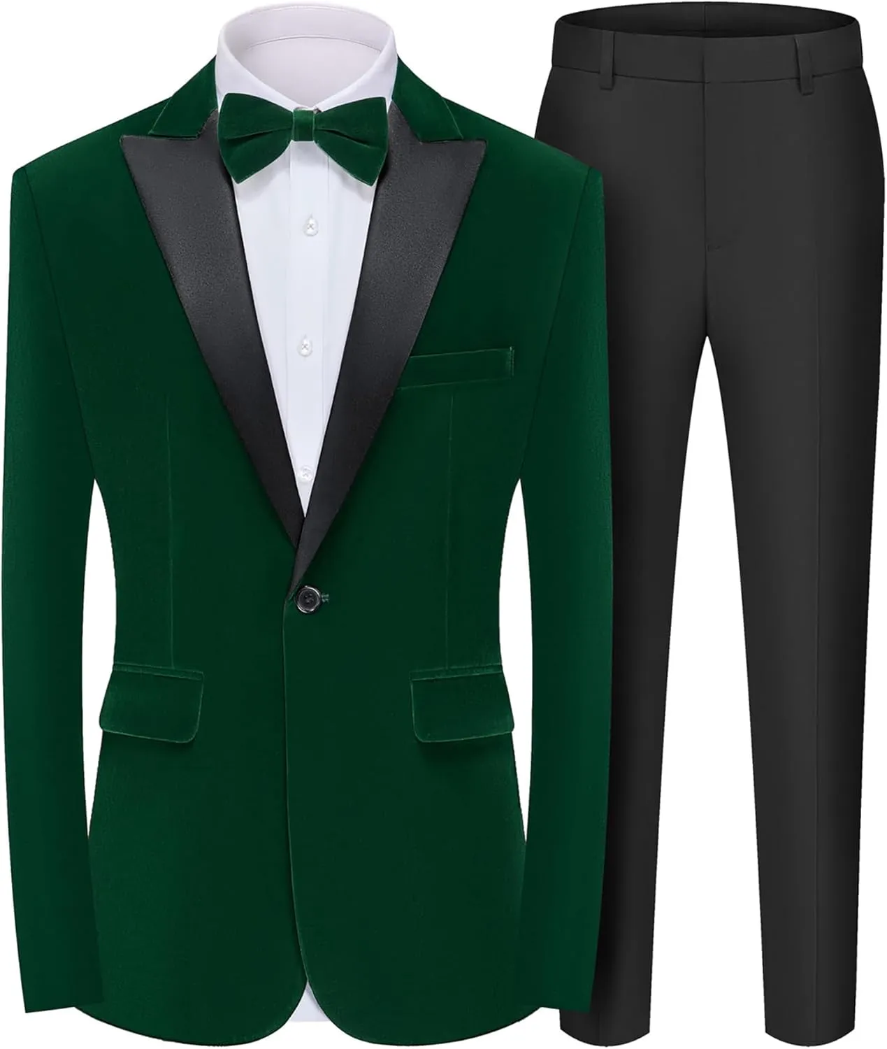 MAGE MALE Men's 2 Piece Velvet Suit Peak Lapel One Button Slim Fit Tuxedo Blazer Party Dinner Jacket & Pants