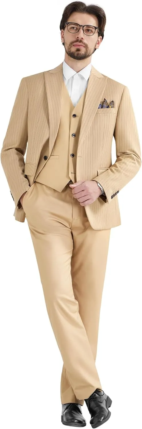 MAGE MALE Mens Pinstripe 3 Piece Suit Slim Fit Single Breasted Tuxedo Business Wedding Party Blazer Vest Pants Set