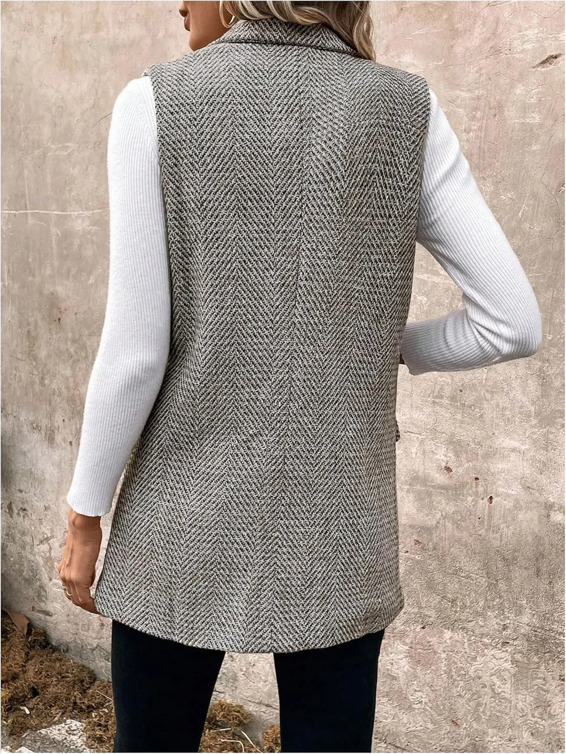 MakeMeChic Women's Tweed Blazer Sleeveless Vest Lapel Collar Jacket Coat