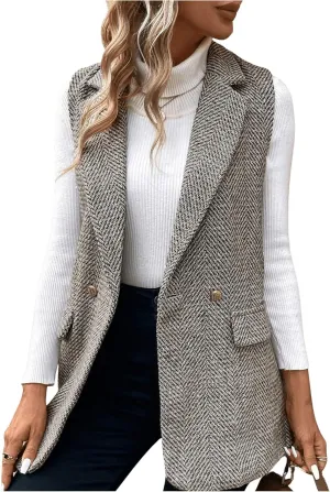 MakeMeChic Women's Tweed Blazer Sleeveless Vest Lapel Collar Jacket Coat