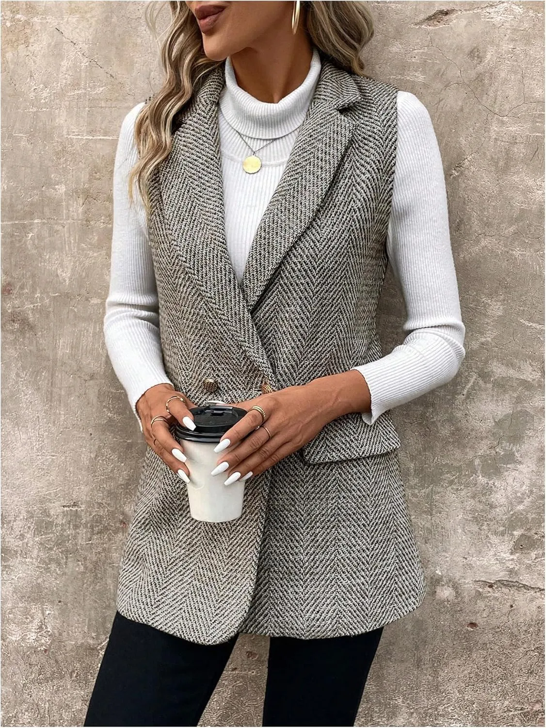 MakeMeChic Women's Tweed Blazer Sleeveless Vest Lapel Collar Jacket Coat