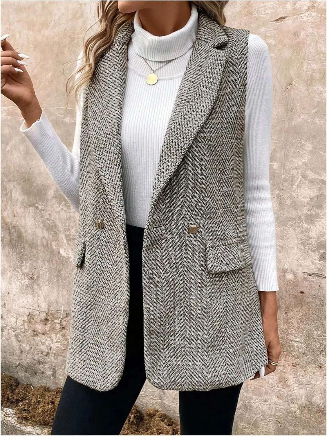 MakeMeChic Women's Tweed Blazer Sleeveless Vest Lapel Collar Jacket Coat