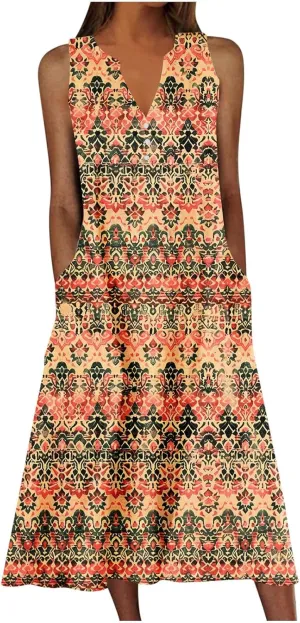 Maxi Dress for Women Plus Size Summer Floral Sleeveless V Neck Sundress Beach Vacation Long Tank Dress with Pockets