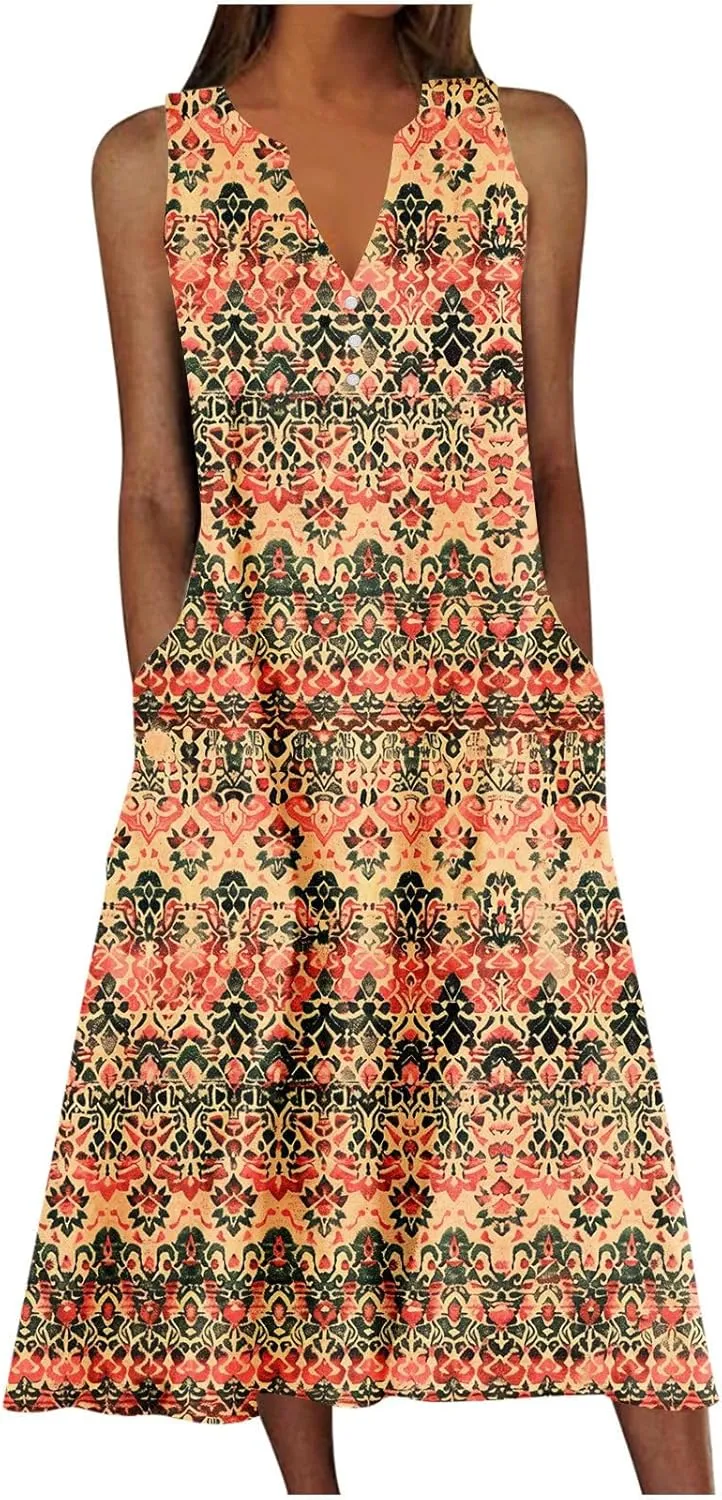 Maxi Dress for Women Plus Size Summer Floral Sleeveless V Neck Sundress Beach Vacation Long Tank Dress with Pockets