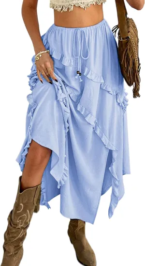 Melliflo Women's Summer Bow Tie Maxi Skirt Ruffle High Low Hem Swing Long Beach Dress Y2k Asymmetrical Tummy Control Skirt