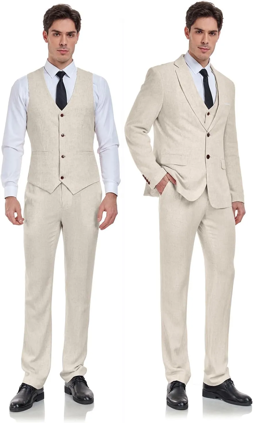 Men's 3 Pieces Linen Suit Slim Fit Summer Wedding Tuxedo Retro Grooms Prom Party Blazer Vest Pants