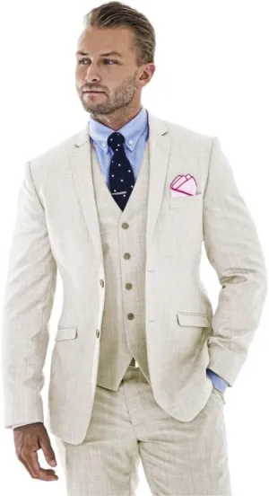 Men's 3 Pieces Linen Suit Slim Fit Summer Wedding Tuxedo Retro Grooms Prom Party Blazer Vest Pants