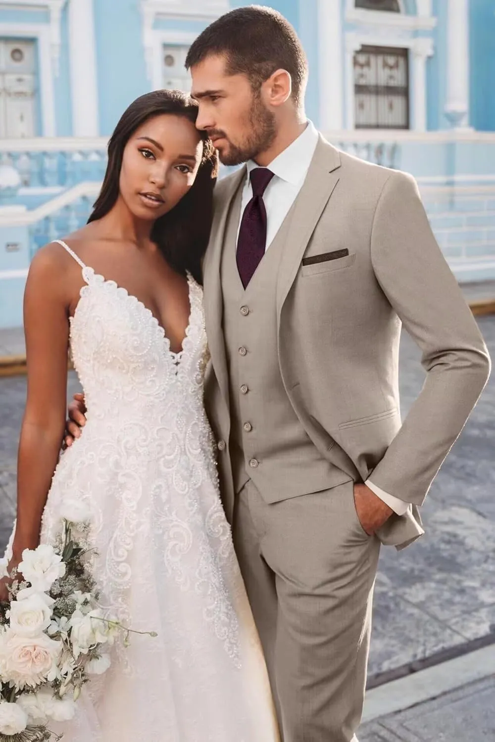 Men's 3 Pieces Suit Slim Fit Two Buttons Blazer Jacket Formal Business Suits Set Solid Vest Pants for Wedding