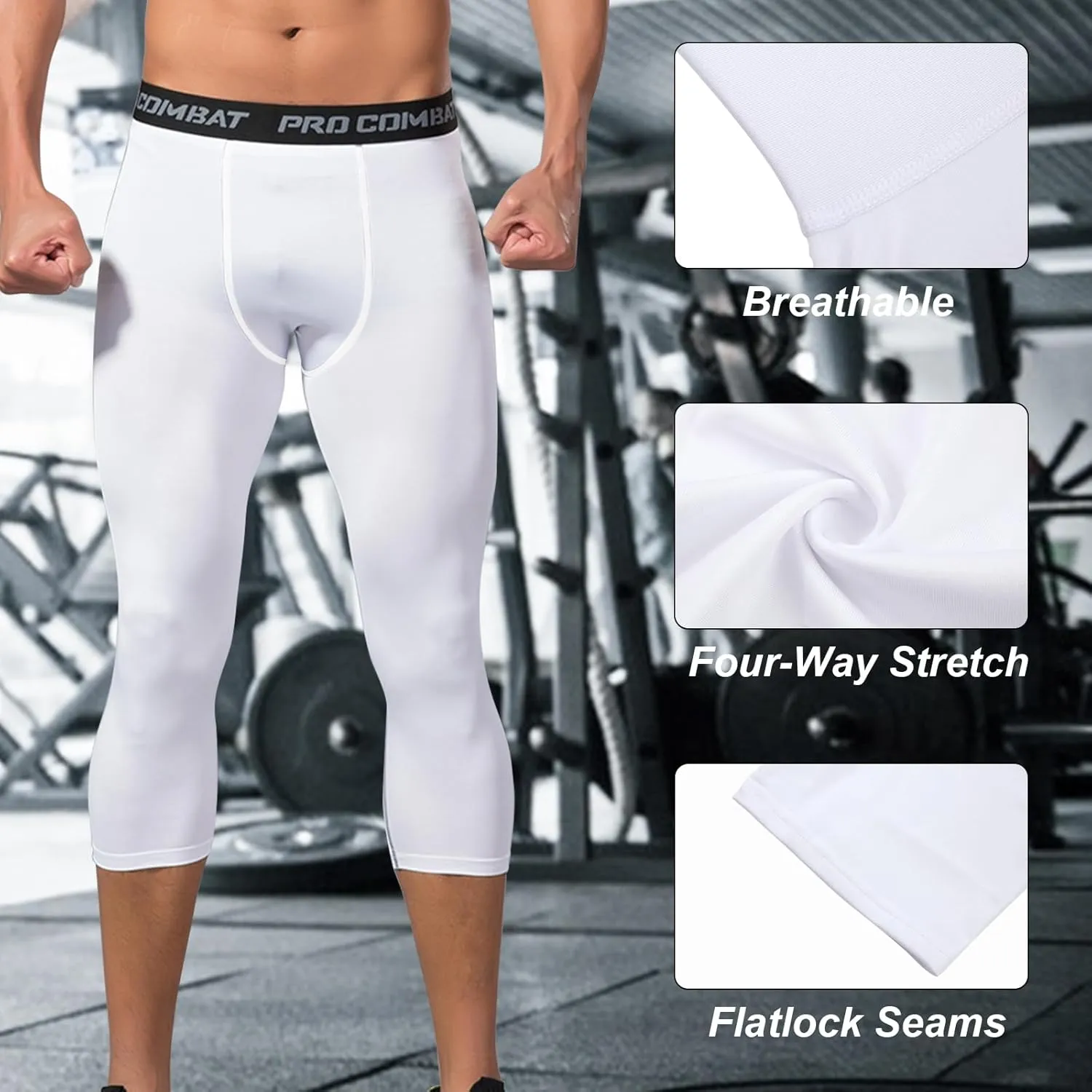 Mens 3/4 Compression Pants, Athletic Leggings Running Workout Tights Base Layer for Basketball Sports Football Gym