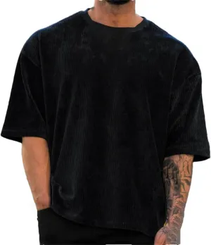 Men's Corduroy Loose T Shirt Summer Crewneck Cotton Running Loose Short Sleeve