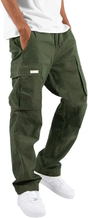 Mens Drawstring Cargo Pants Casual Solid Stretch Waist Sweatpants Running Athletic Tactical Trousers with Pockets