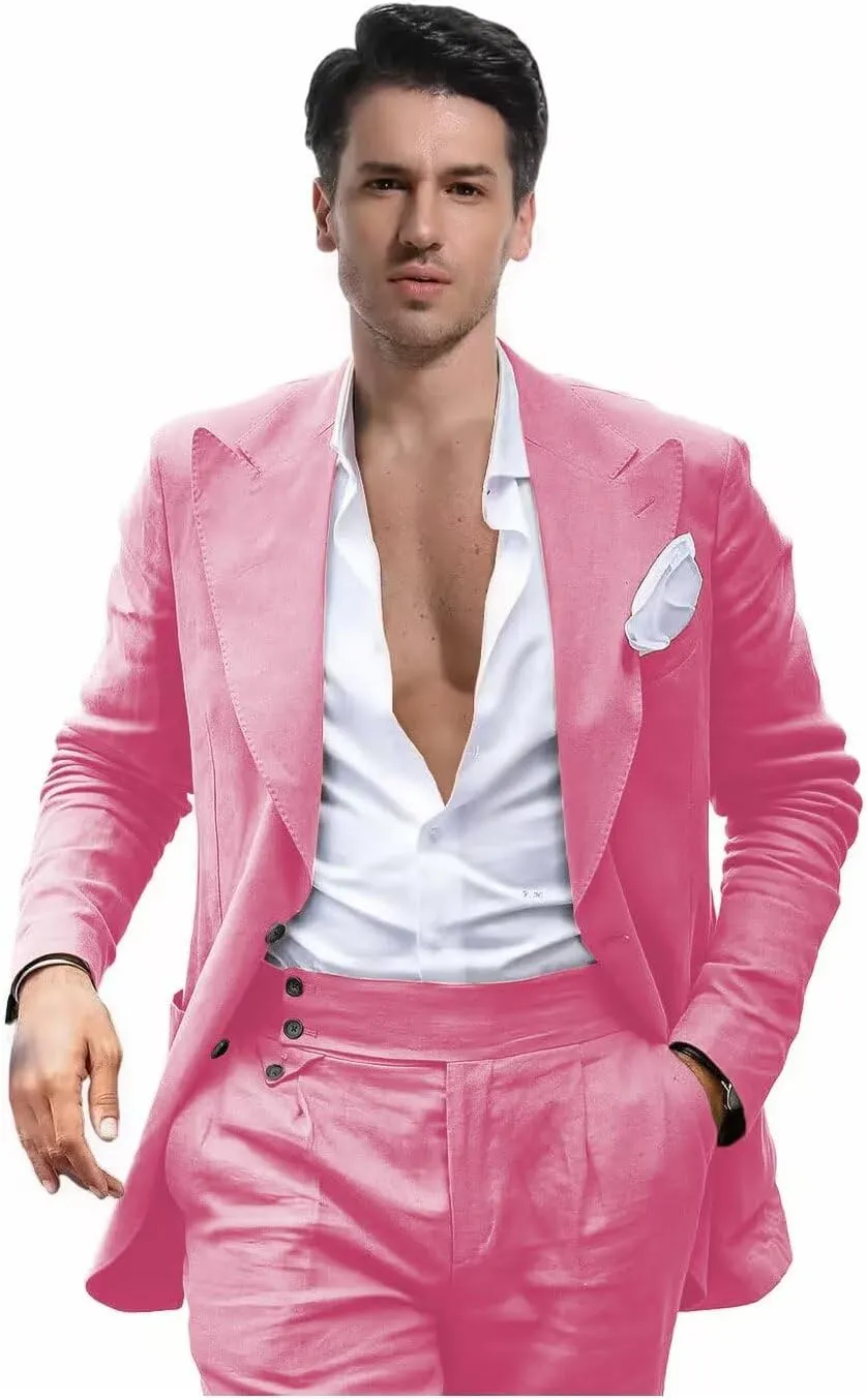 Mens Linen Suit for Beach Wedding Double Breasted Prom Tuxedos 2 Piece Peak Lapel Blazer Pants for Summer