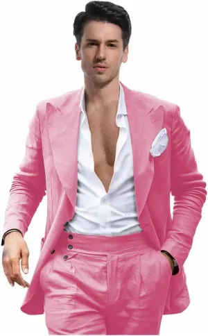Mens Linen Suit for Beach Wedding Double Breasted Prom Tuxedos 2 Piece Peak Lapel Blazer Pants for Summer