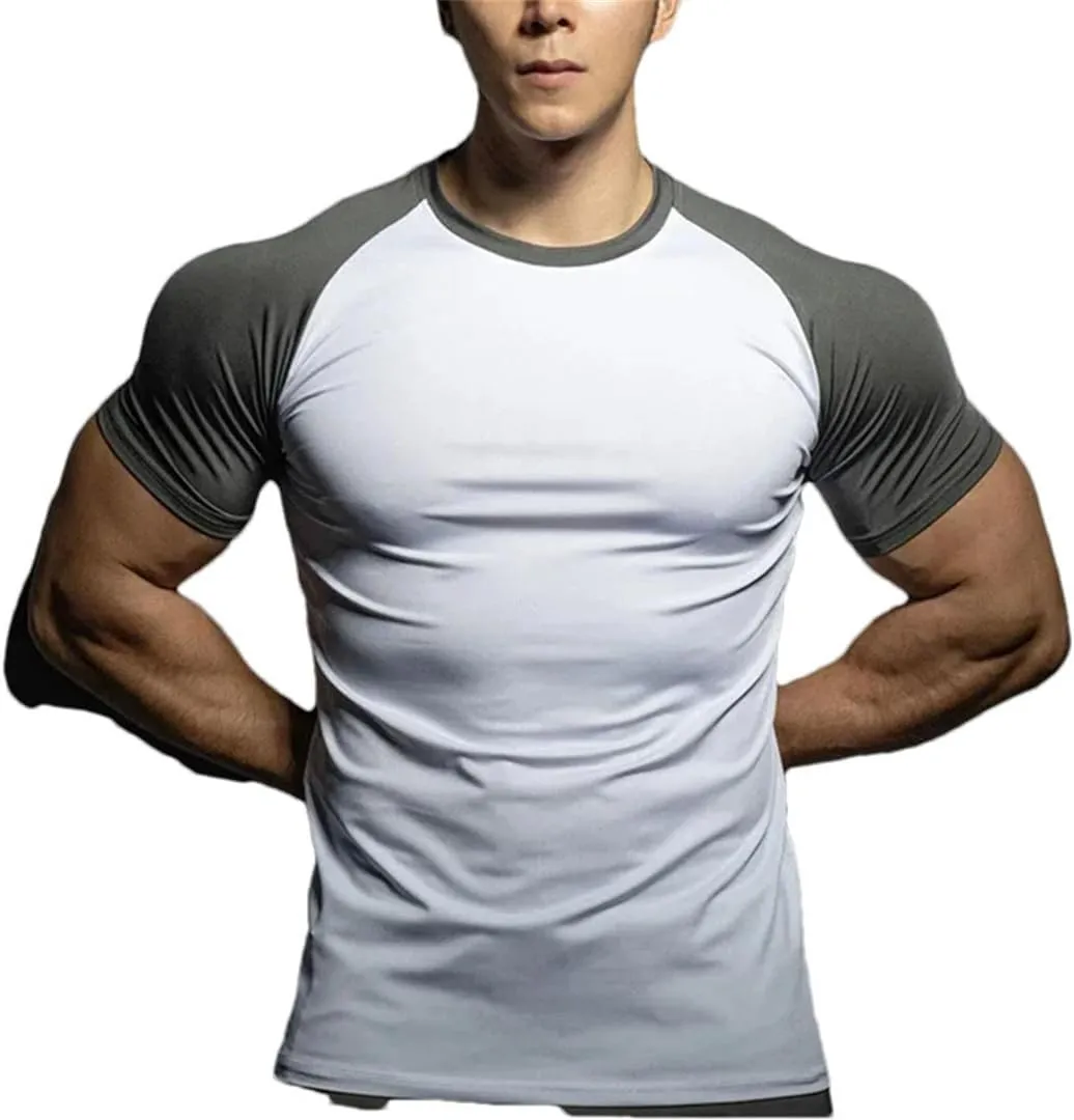 Mens Quick Dry Running T Shirt Elastic Short Sleeve Solid Color Gym Training Top Leisure Sportswear