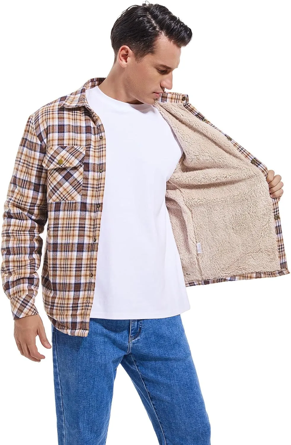 Men's Sherpa Lined Cotton Flannel Shirt Jacket Plaid Button Up Jacket Coat for Men with Pocket
