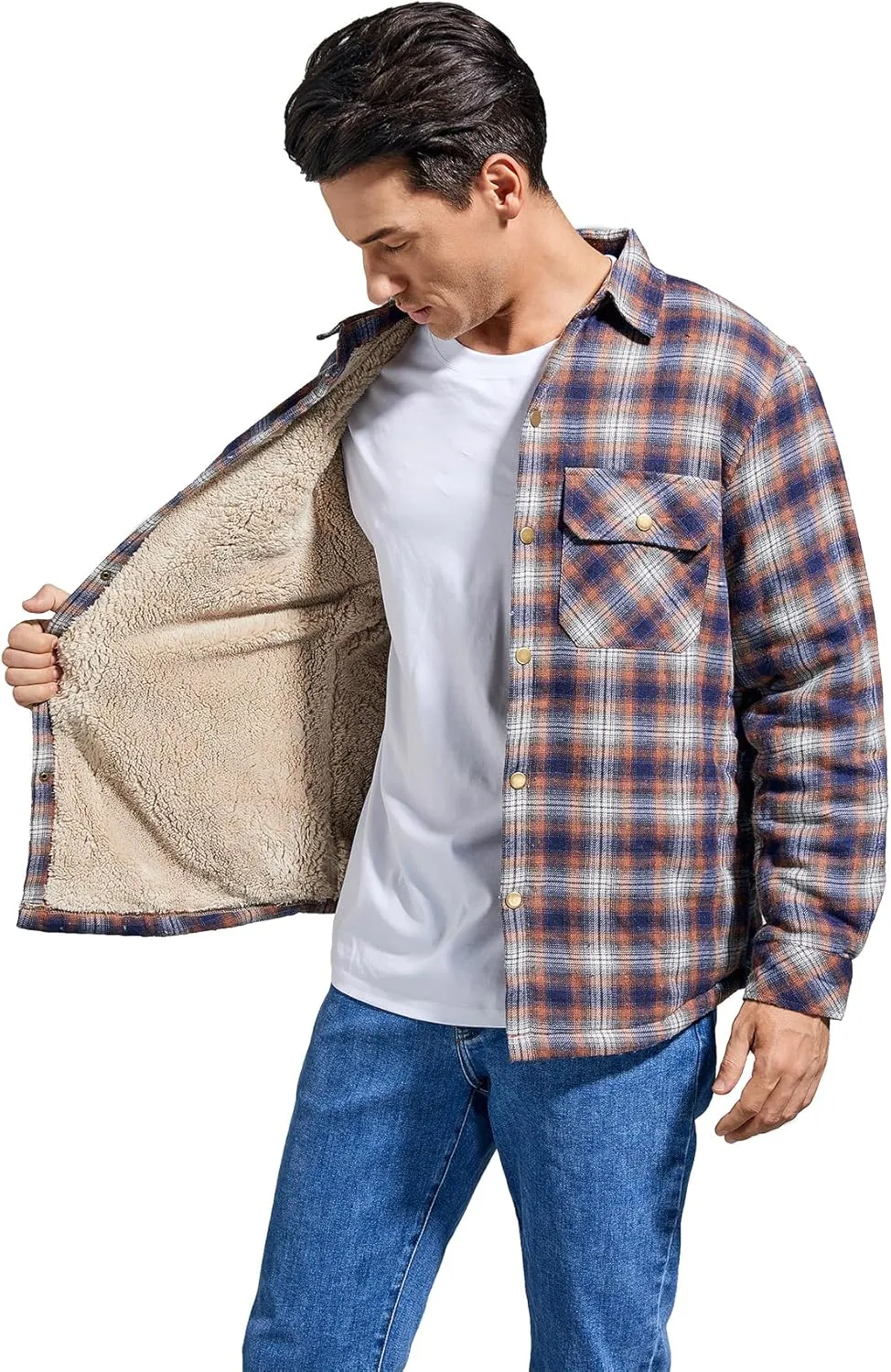 Men's Sherpa Lined Cotton Flannel Shirt Jacket Plaid Button Up Jacket Coat for Men with Pocket