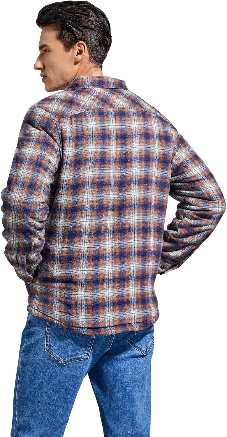 Men's Sherpa Lined Cotton Flannel Shirt Jacket Plaid Button Up Jacket Coat for Men with Pocket