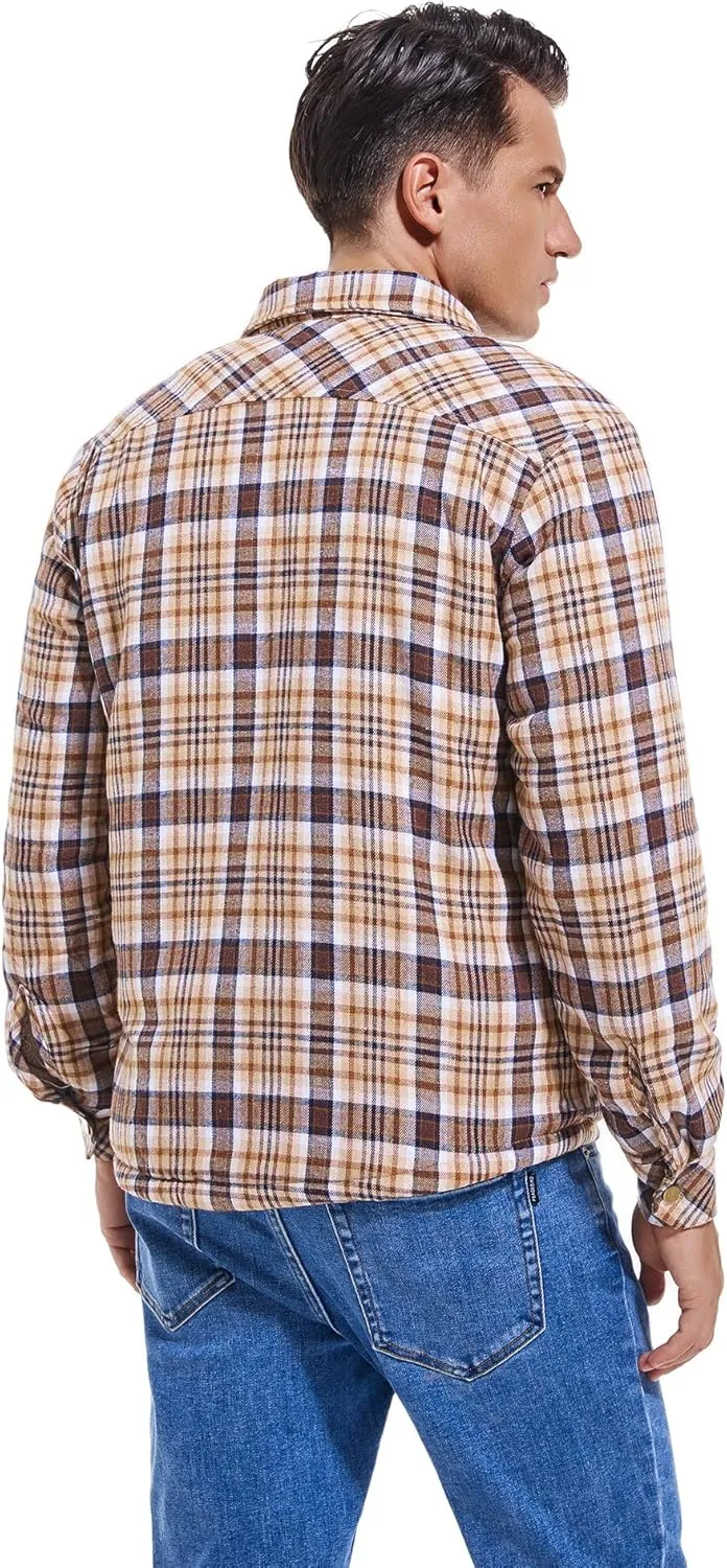 Men's Sherpa Lined Cotton Flannel Shirt Jacket Plaid Button Up Jacket Coat for Men with Pocket