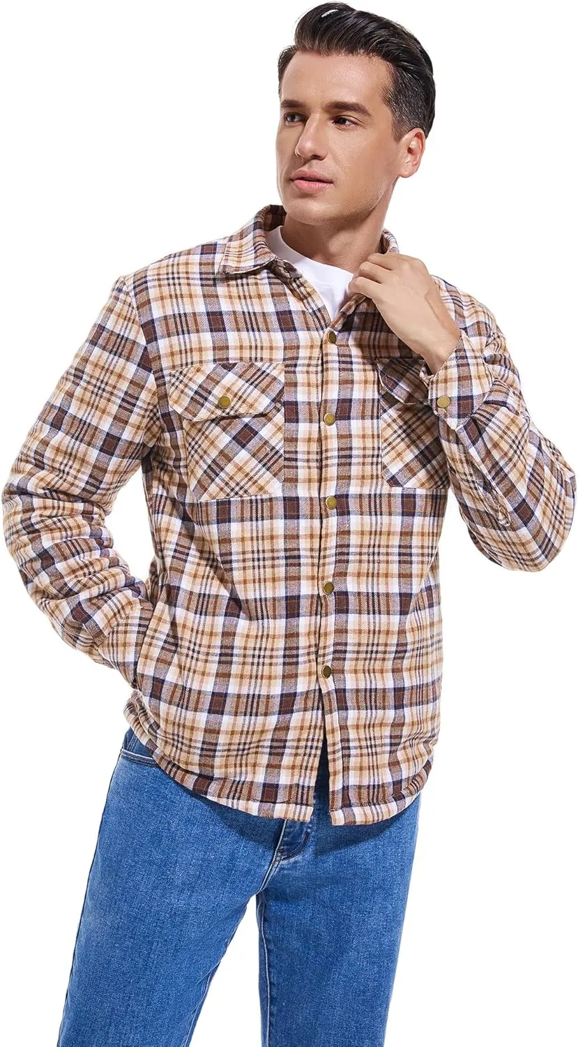 Men's Sherpa Lined Cotton Flannel Shirt Jacket Plaid Button Up Jacket Coat for Men with Pocket