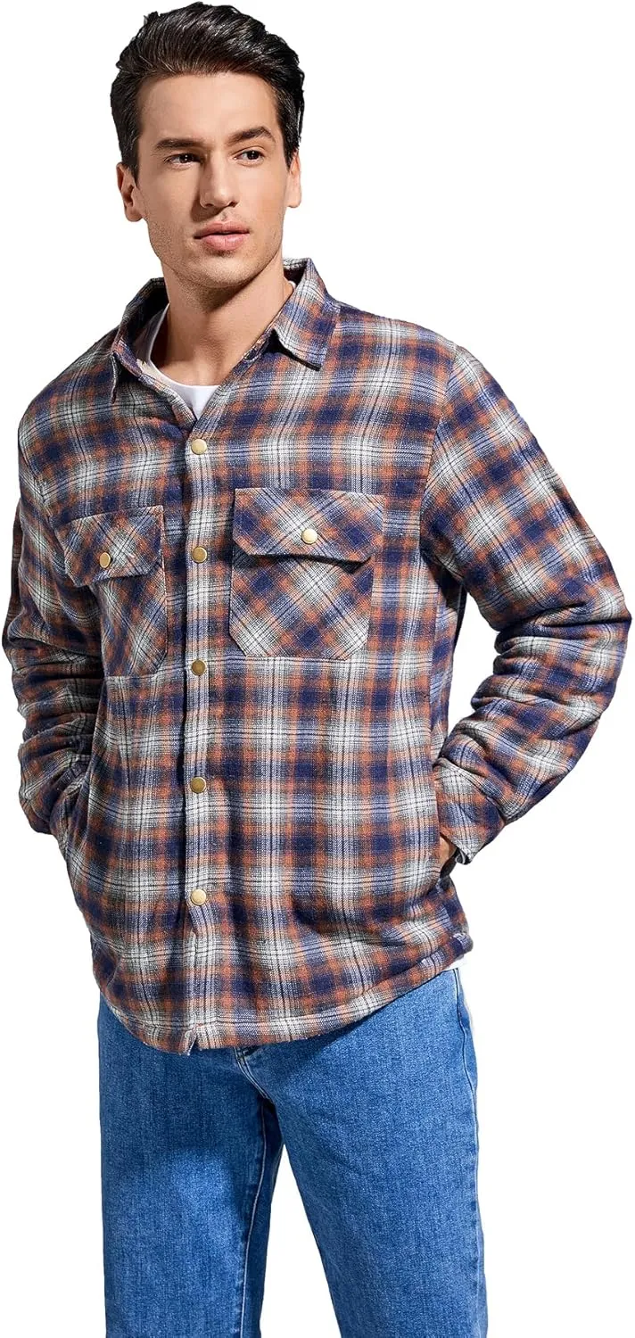 Men's Sherpa Lined Cotton Flannel Shirt Jacket Plaid Button Up Jacket Coat for Men with Pocket