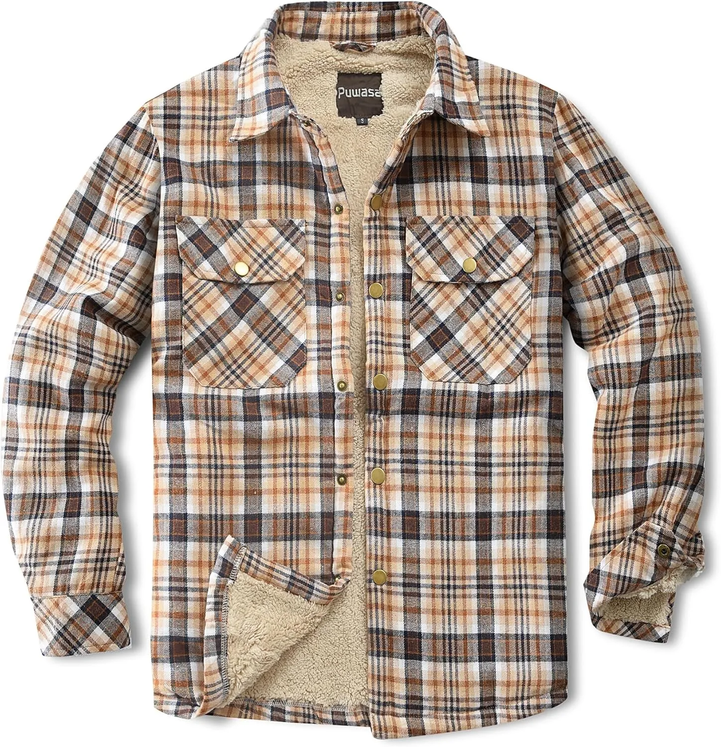 Men's Sherpa Lined Cotton Flannel Shirt Jacket Plaid Button Up Jacket Coat for Men with Pocket