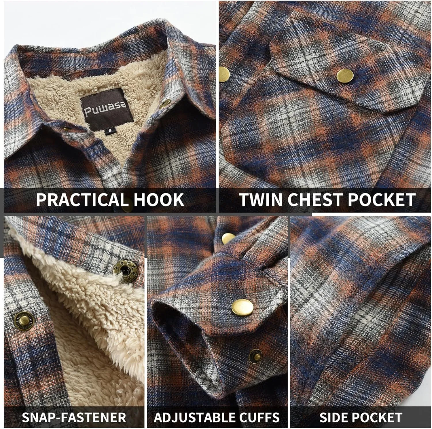 Men's Sherpa Lined Cotton Flannel Shirt Jacket Plaid Button Up Jacket Coat for Men with Pocket
