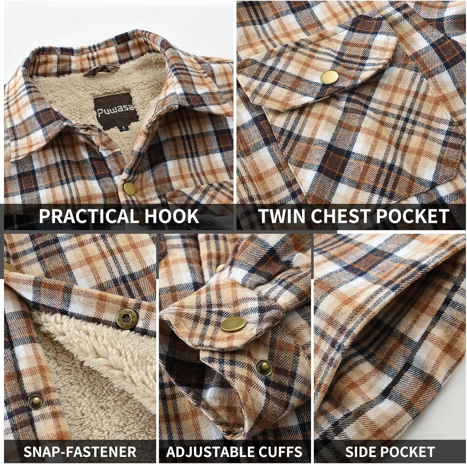 Men's Sherpa Lined Cotton Flannel Shirt Jacket Plaid Button Up Jacket Coat for Men with Pocket