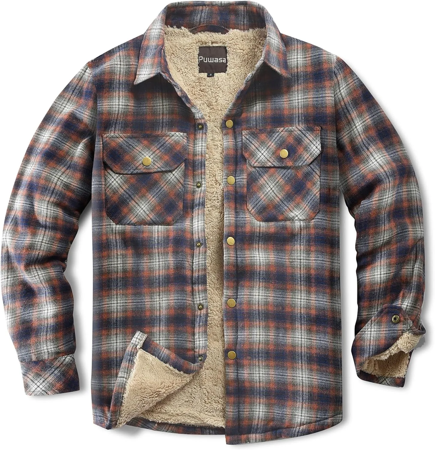 Men's Sherpa Lined Cotton Flannel Shirt Jacket Plaid Button Up Jacket Coat for Men with Pocket