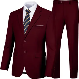Men's Slim Fit 2 Piece Suit, Two Button Solid Suit Jacket Pants Set, Wedding Prom Suit