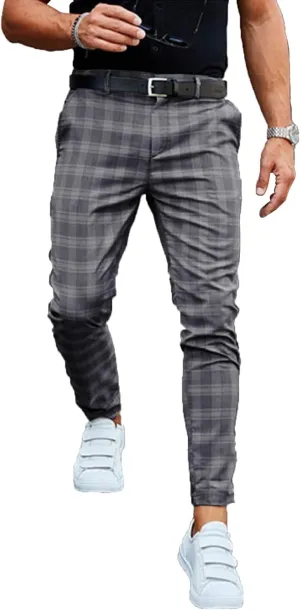 Mens Stretch Slim Fit Plaid Dress Pants with Pockets Checks Pattern Chino Trousers Fashion Casual Elasticity Button Pant (Dark Gray,XX-Large)