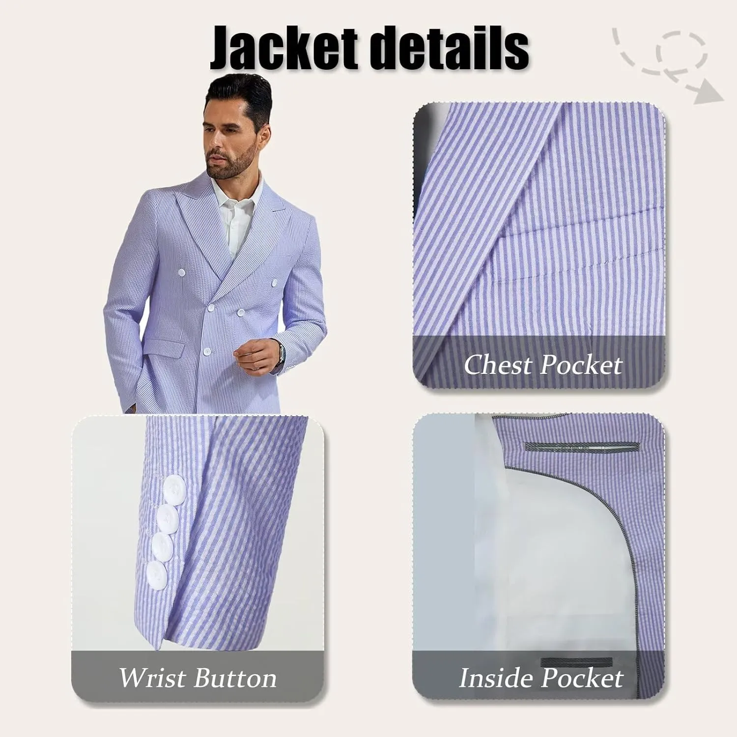 Mens Suit Summer Seersucker 2 Piece Double Breasted Buckle Striped Tuxedos for Men Wedding Suits Cotton Beach Party