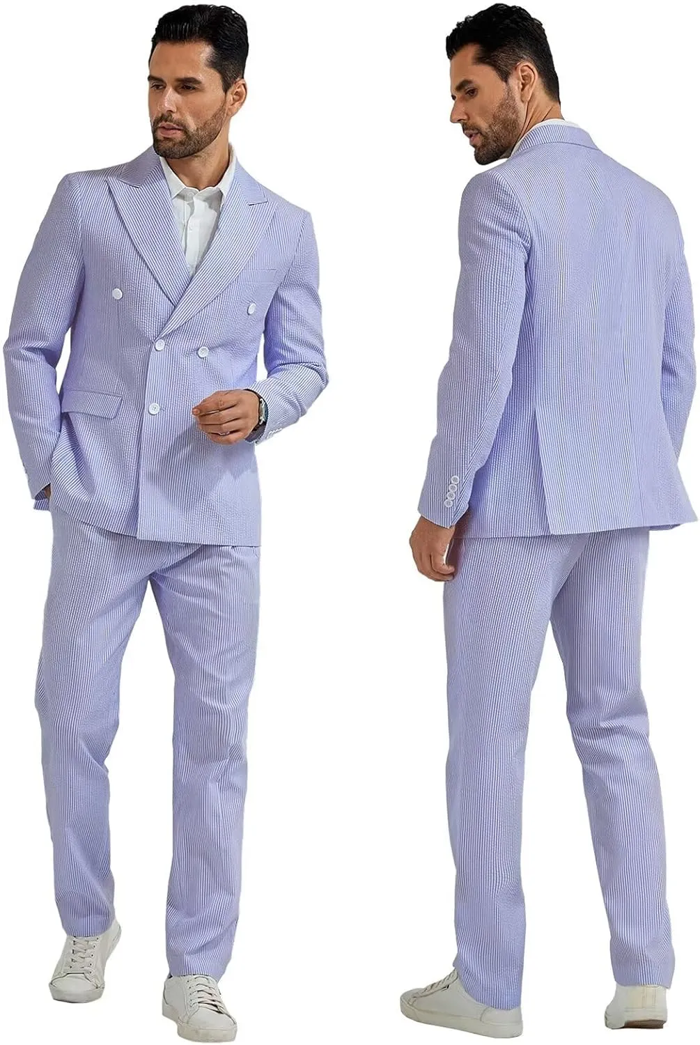 Mens Suit Summer Seersucker 2 Piece Double Breasted Buckle Striped Tuxedos for Men Wedding Suits Cotton Beach Party