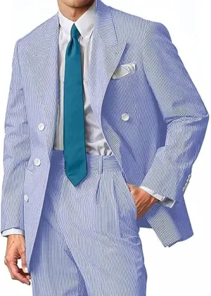 Mens Suit Summer Seersucker 2 Piece Double Breasted Buckle Striped Tuxedos for Men Wedding Suits Cotton Beach Party