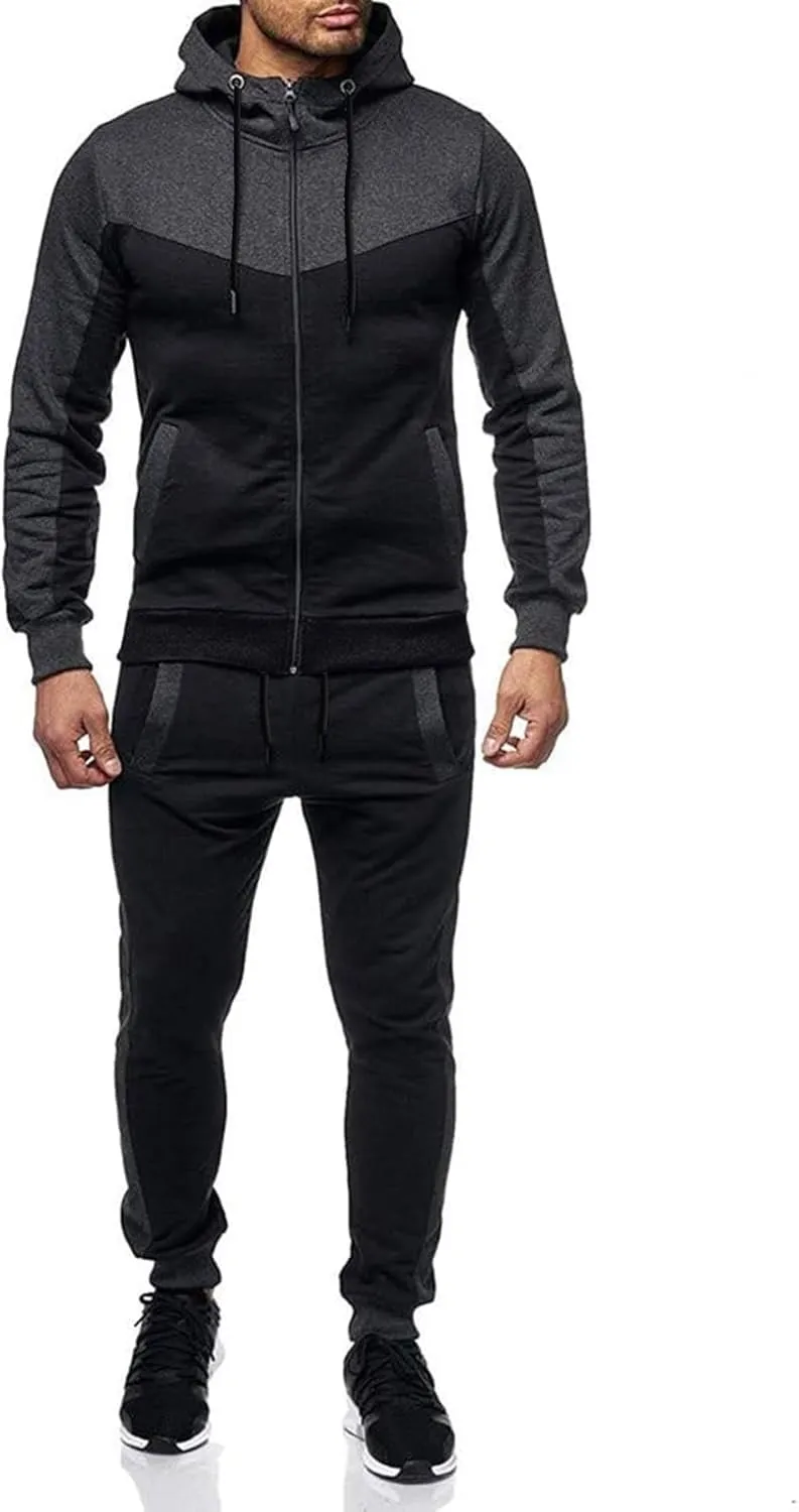 Men's Sweatsuit 2 Pieces Set Casual Jogging Athletic Hooded Tracksuit Full Zip Color Blocks Long Sleeve Outfit