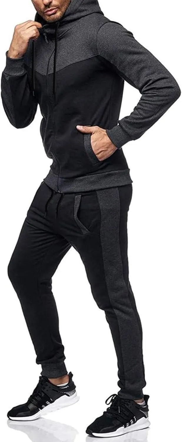 Men's Sweatsuit 2 Pieces Set Casual Jogging Athletic Hooded Tracksuit Full Zip Color Blocks Long Sleeve Outfit