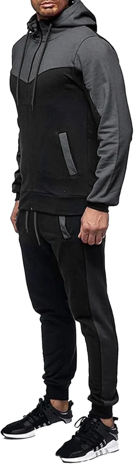 Men's Sweatsuit 2 Pieces Set Casual Jogging Athletic Hooded Tracksuit Full Zip Color Blocks Long Sleeve Outfit
