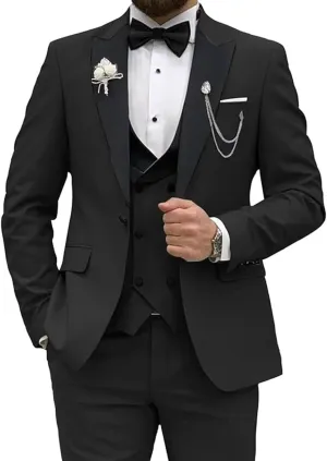 Men's Tuxedo Suit Slim Fit 3 Piece Blazer Vest and Pants Set for Groom Wedding Party Formal Dress