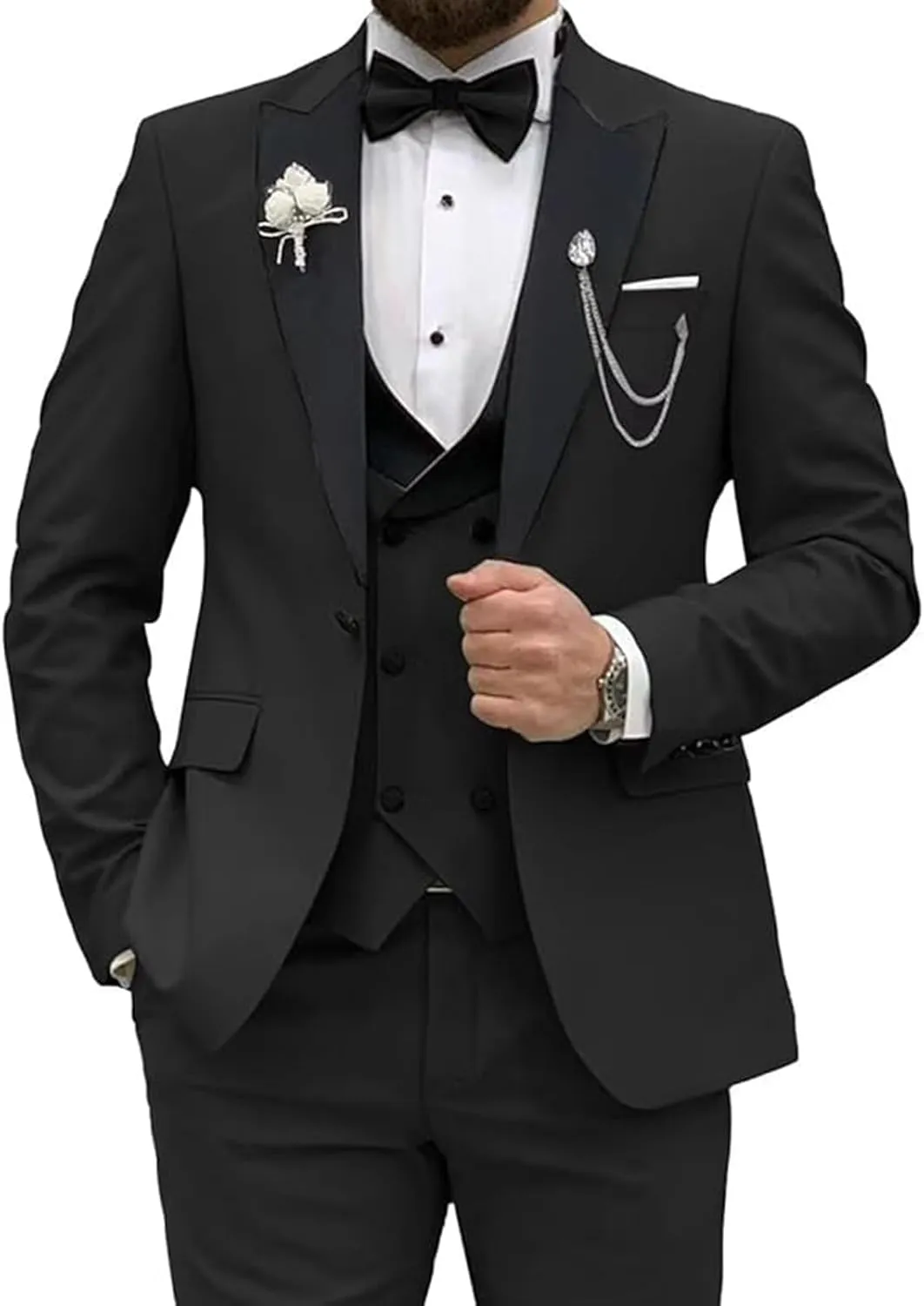 Men's Tuxedo Suit Slim Fit 3 Piece Blazer Vest and Pants Set for Groom Wedding Party Formal Dress