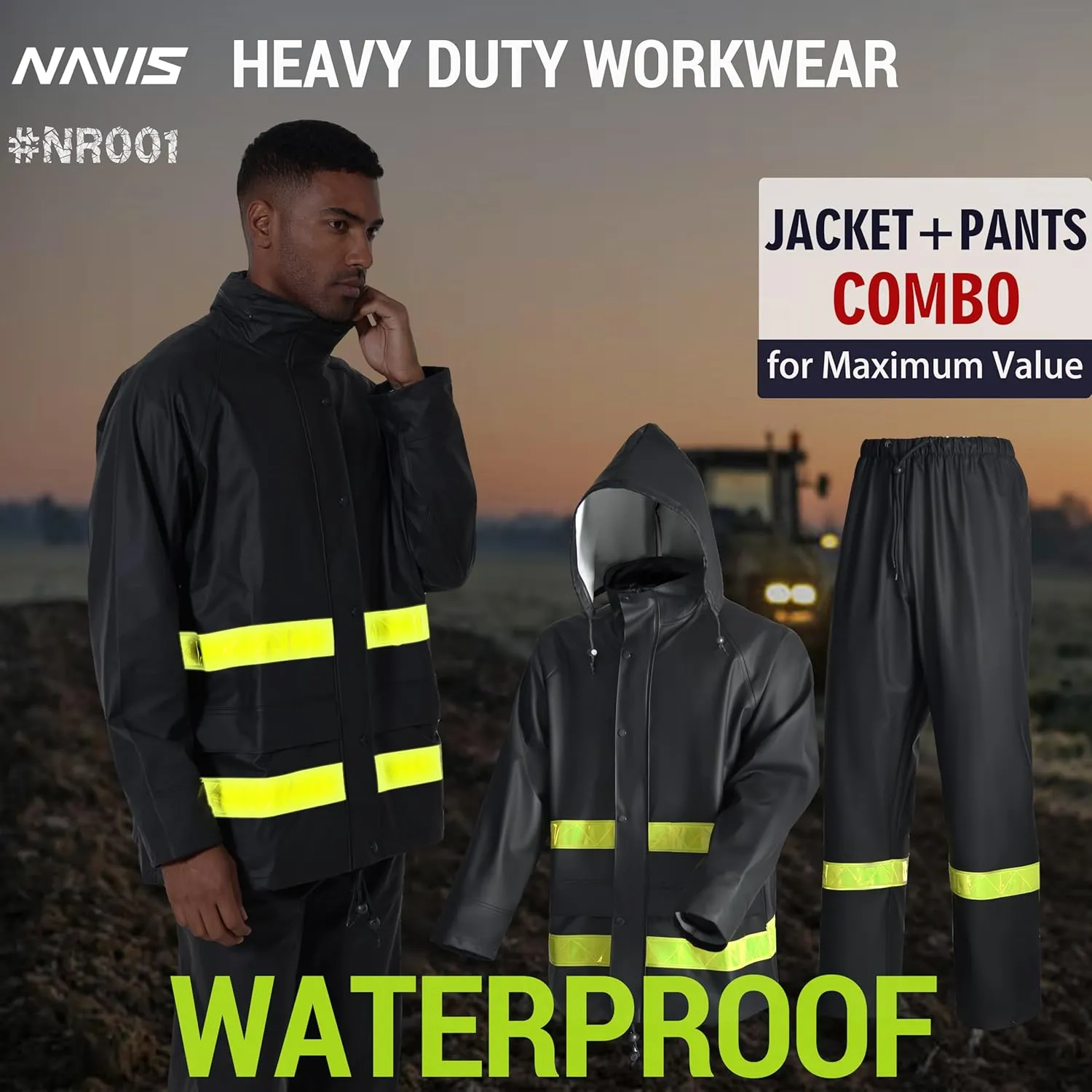 Men's Workwear Rain Suit - Hi Vis Waterproof Jacket&Pants 3-piece Set, Foul Weather Gear for Safety