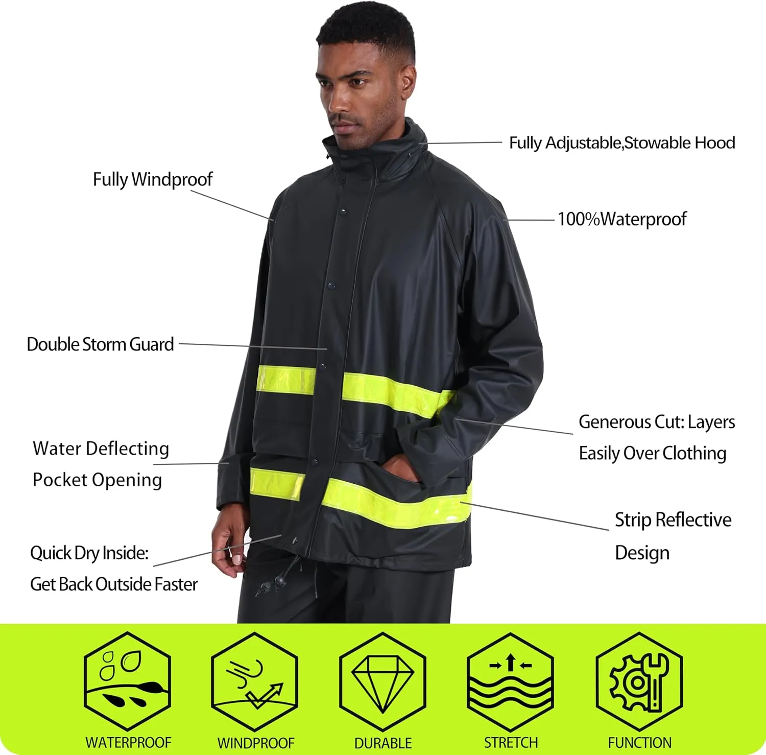 Men's Workwear Rain Suit - Hi Vis Waterproof Jacket&Pants 3-piece Set, Foul Weather Gear for Safety