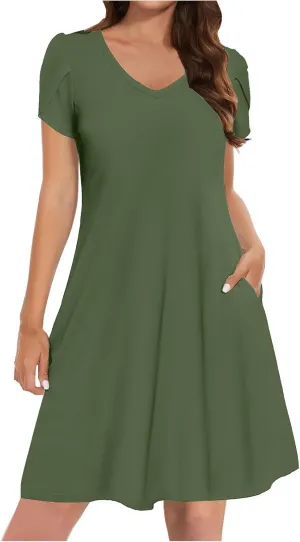 Mini Dresses for Women Casual V-Neck Short Sleeve Sundresses Ladies Fashion Summer Beach Short Dress with Pockets