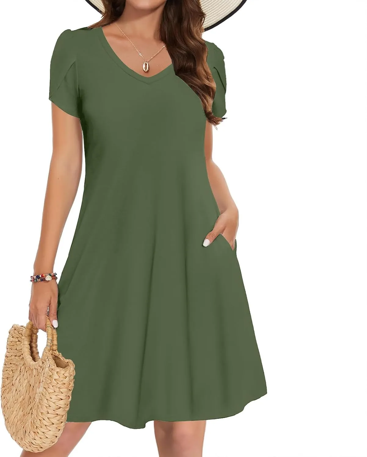 Mini Dresses for Women Casual V-Neck Short Sleeve Sundresses Ladies Fashion Summer Beach Short Dress with Pockets