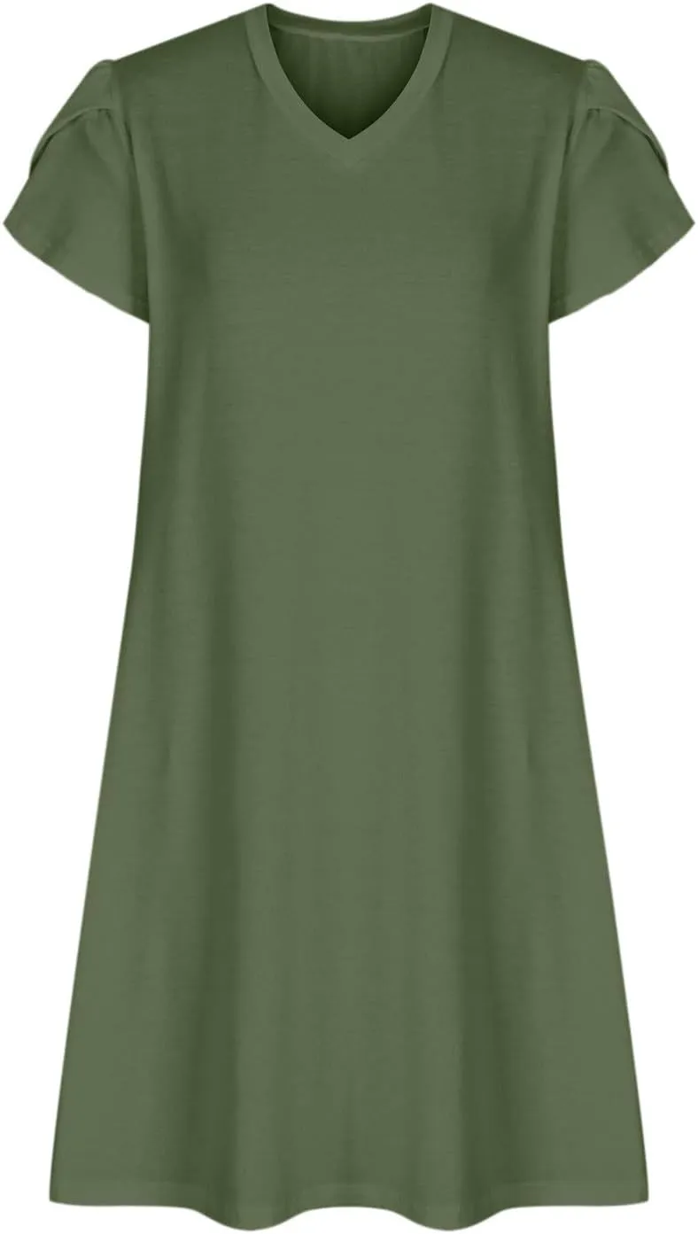 Mini Dresses for Women Casual V-Neck Short Sleeve Sundresses Ladies Fashion Summer Beach Short Dress with Pockets