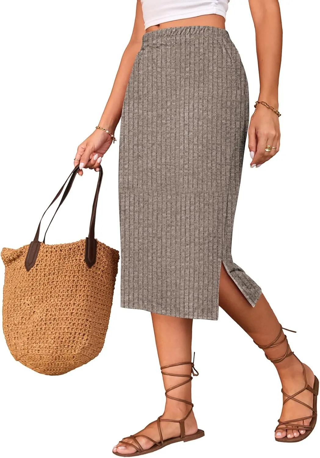 Naggoo Midi Skirts for Women Spring Summer Elastic High Waisted Side Slit Long Sweater Skirt
